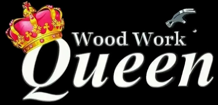 Logo for 'Wood Work Queen' with a crown and hammer on a black background